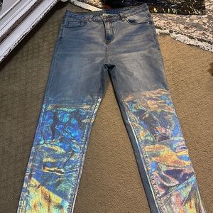 Blue jeans with iridescent bottoms